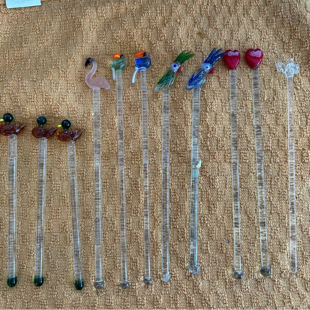 Vintage Colorful Glass Stir Sticks Set 12 swizzle sticks